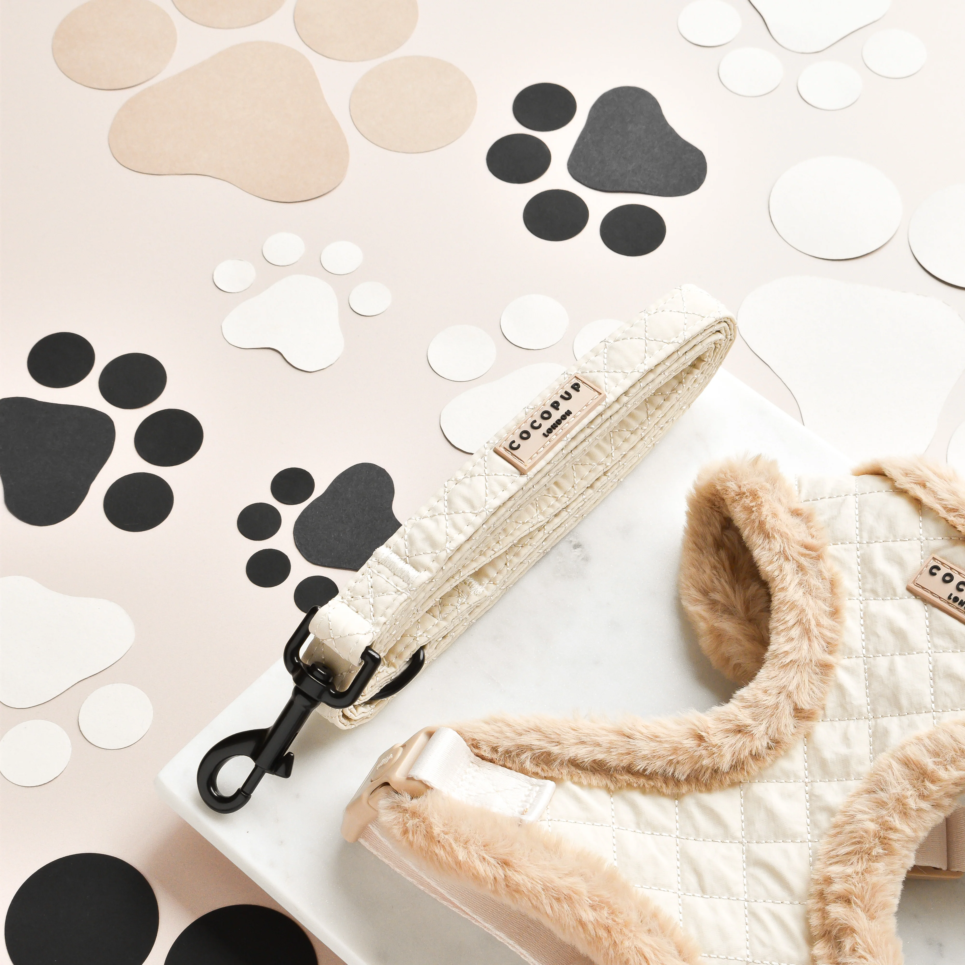 Cream Quilted Adjustable Neck Harness, Lead & Collar Bundle - Image 3